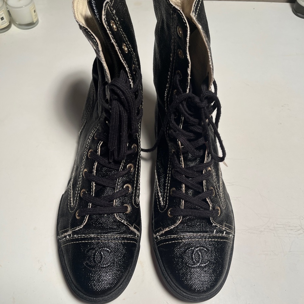 CHANEL black canvas boots size 40 US 10-11